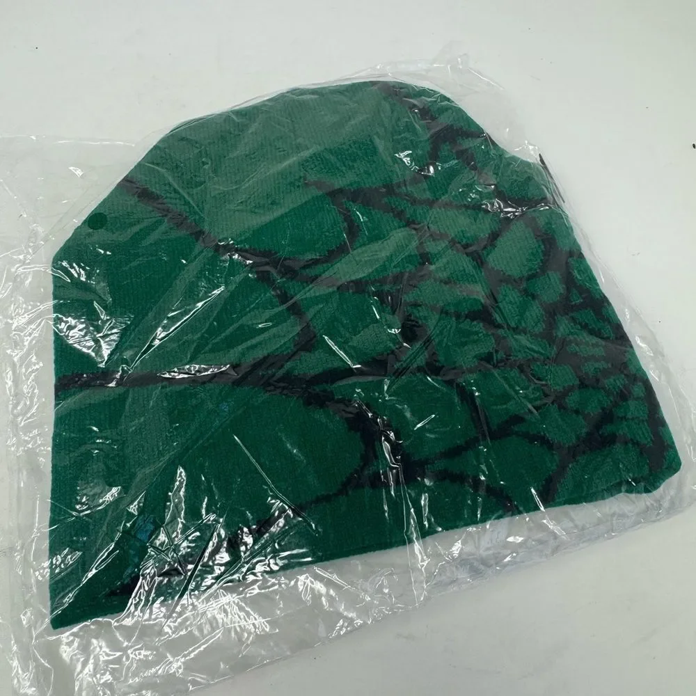 NEW Y2K Green and Black Spider Web Patterned Beanie